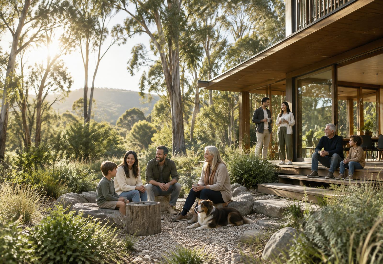 A multigenerational community gathering beside a sustainable home in the Australian landscape