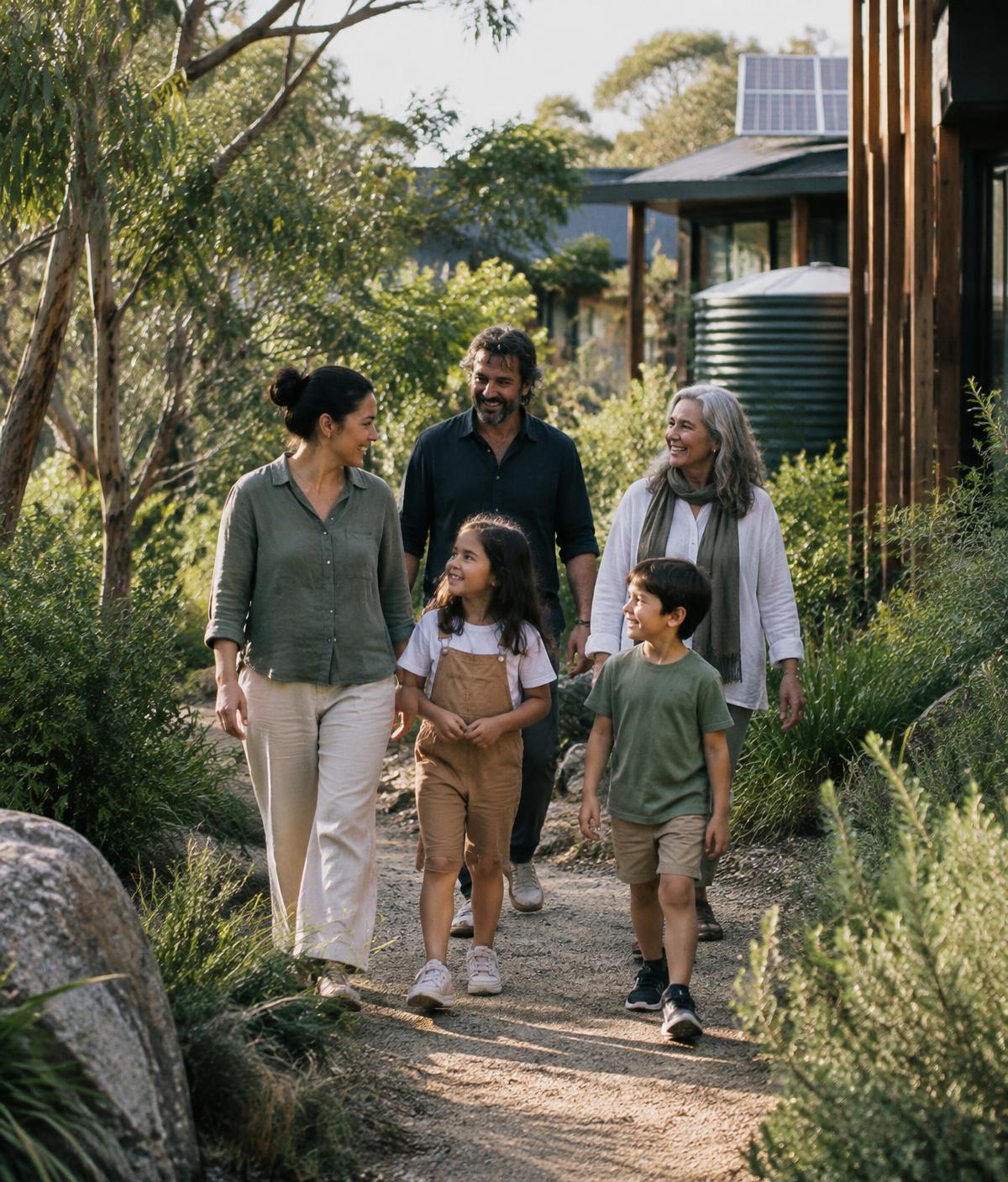 A family walking together through a native garden beside sustainable homes